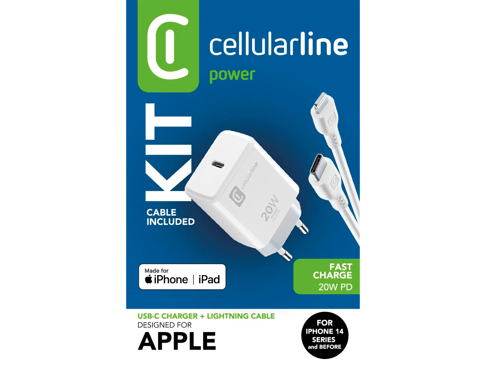 Cellularline USB-C Charger Kit ACHIPHKITC2LMFI20W USB-C till Lightning 20W