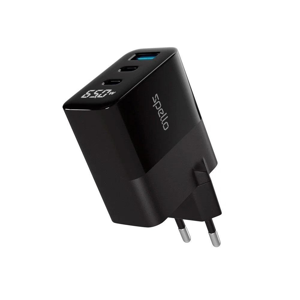Spello ForceBoost Display GaN 2x USB-C 1x USB-A Väggladdare 65W
