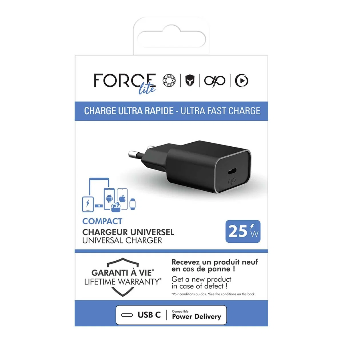 Force FPLICS1C25WPDRB USB-C Power Delivery Väggladdare 25W