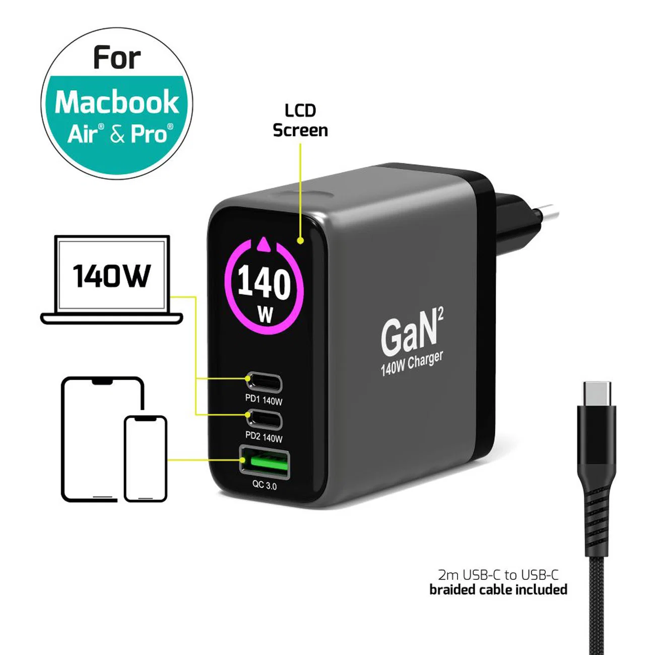 PORT Designs 902140PEU 902140PEU GaN Väggladdare med USB-C 140W