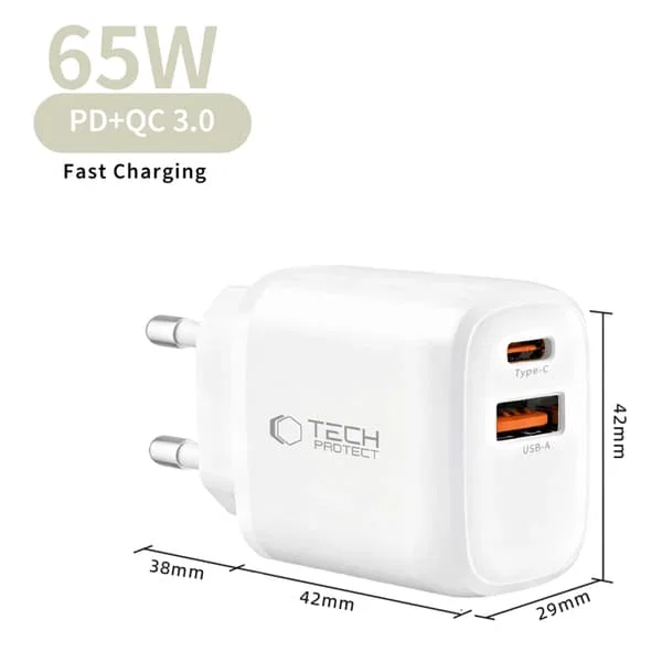 Tech-Protect NCA65W-GAN 2-Port Väggladdare med USB-C PD och USB-A QC3.0 65W