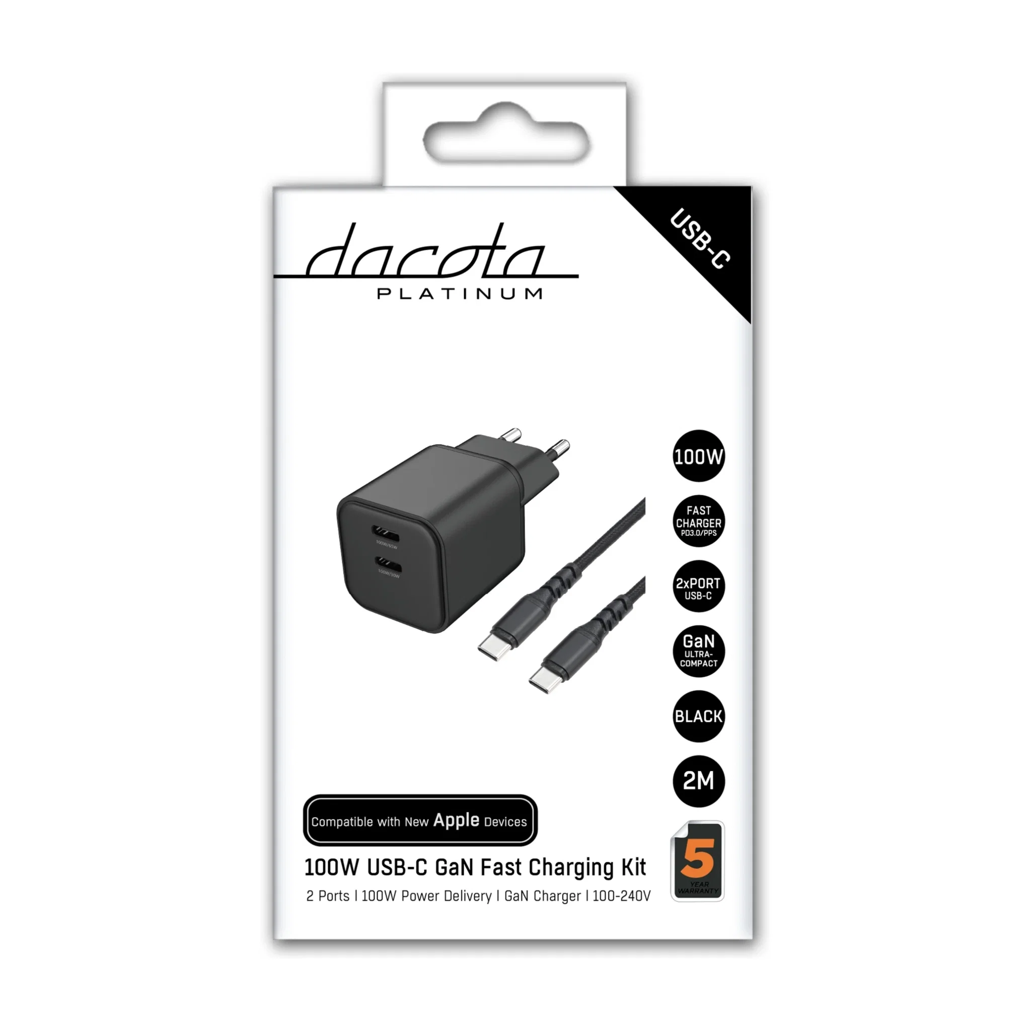 Dacota Platinum DP100W2U2MBK Dubbel USB-C GaN Väggladdare 100W