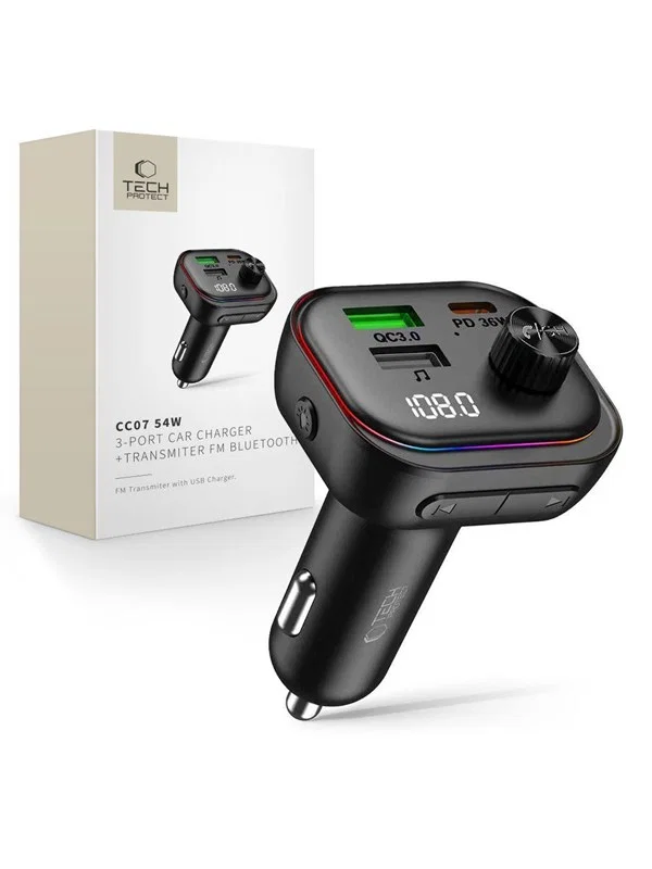 Tech-Protect CC07 5906302322770 3-Port PD Bilbatteriladdare med Bluetooth FM-sändare 54W