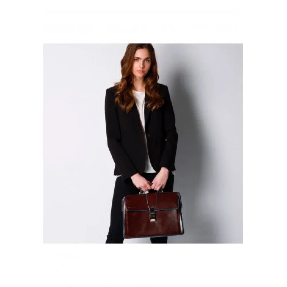 Piquadro Blå Fyrkantig Läder Briefcase (Brun)