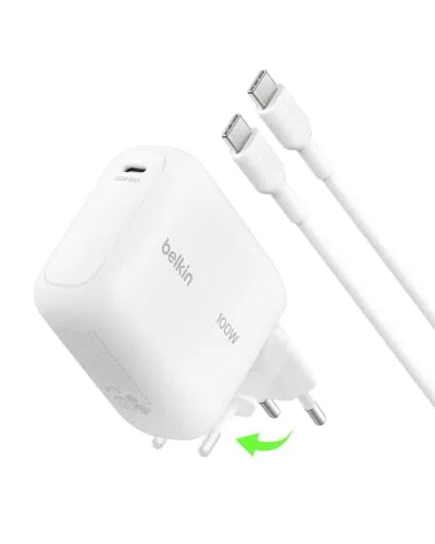 Belkin BoostCharge WCH025KQ1.5WHB6 GaN Dubbel USB-C Väggladdare med USB-C Kabel 100W