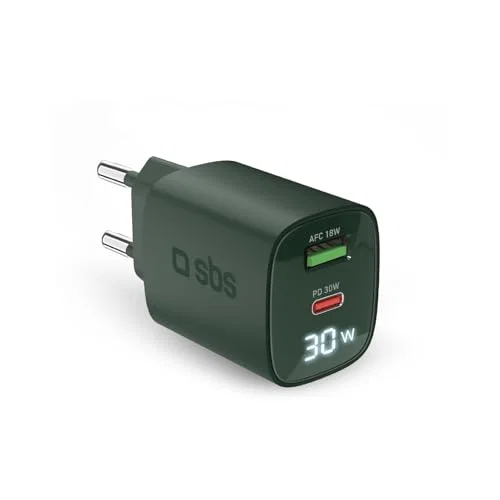 SBS LCD Väggladdare med 1x USB-A & 1x USB-C Europeisk kontakt Power Delivery 30W