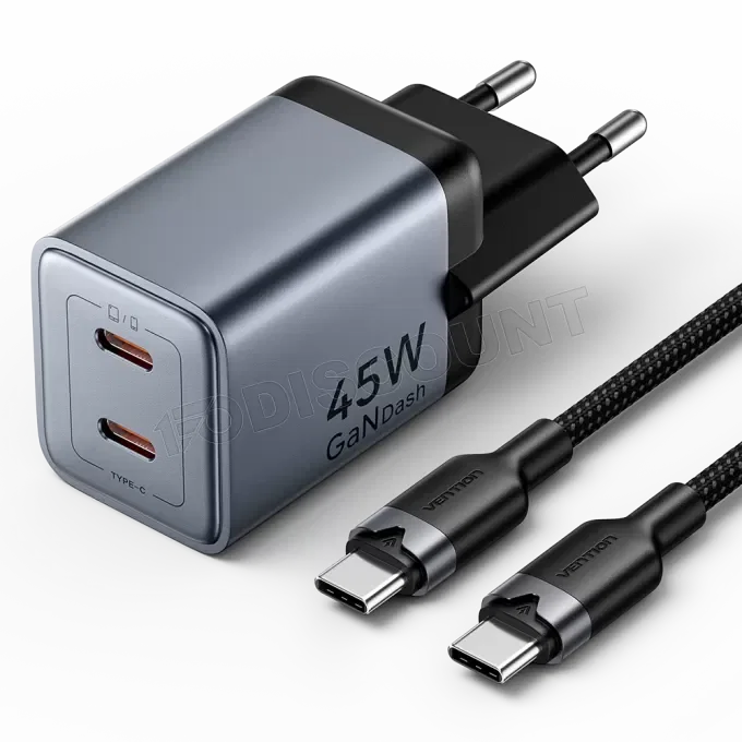 Vention TZ-FCDH0-EU Dubbel USB-C GaN Stationär Laddare med USB-C Kabel 45W