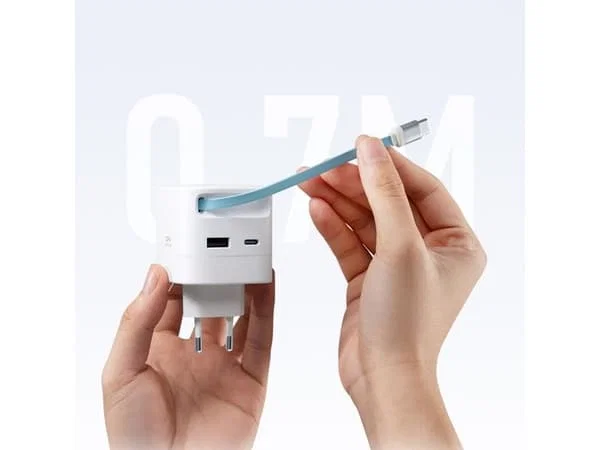 Cuktech AD653W GaN 2x USB-C + USB-A Väggladdare med 70cm Retraherbar USB-C-kabel 67W