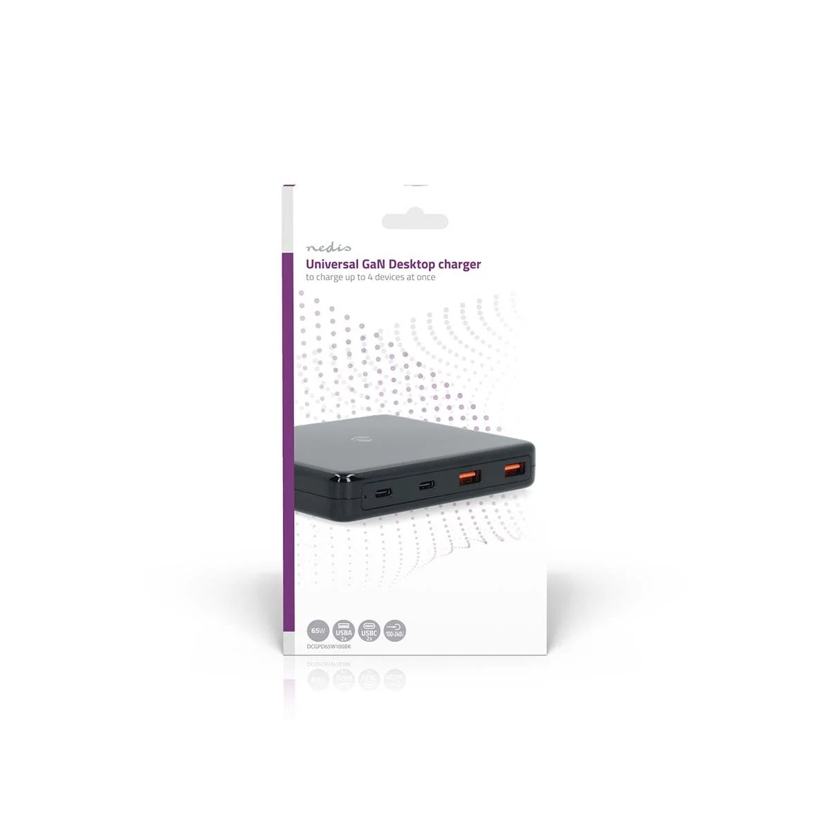 Nedis DCGPD65W100BK 65W GaN 4-portars USB-A / USB-C bordsladdare med Euro-kabel