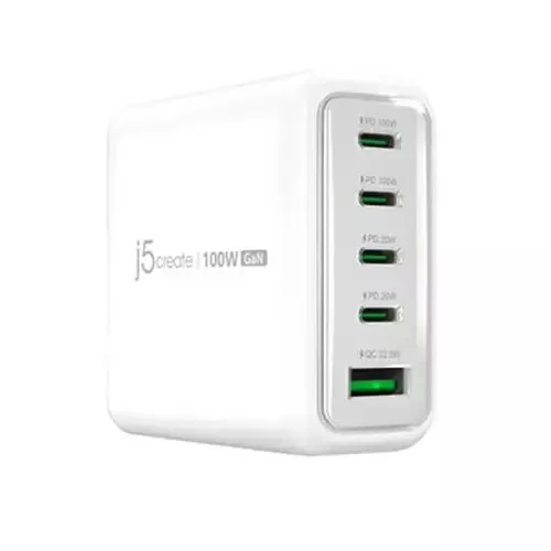 J5Create JUP53100 GaN USB Laddare Tre USB Type-C och två USB Type-A portar 100W