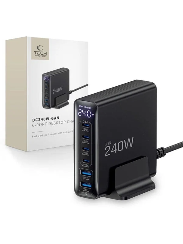 Tech-Protect DC240W-GaN Stationär Laddare 6 Portar 4 x USB-C 2 x USB-A QC3.0 240W