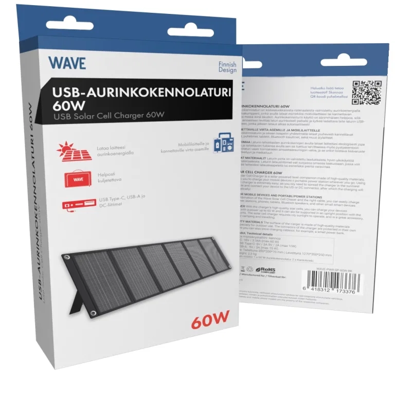 Wave Solcellsladdare -PWR-SP-60W-BK med USB-C och USB-A 60W